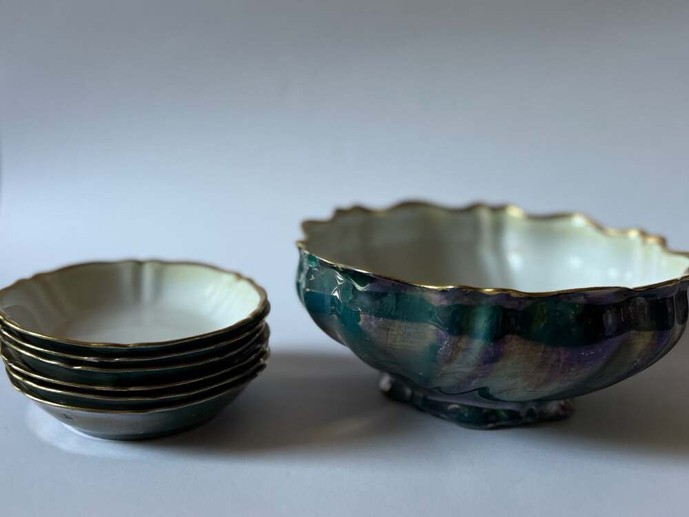 O.P. Co. Syracuse China Iridescent Lustreware Footed Bowl and Saucers Set